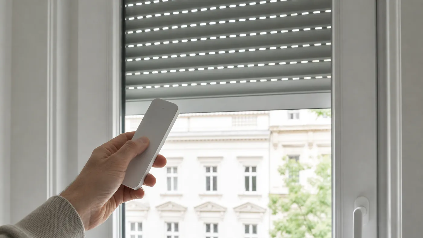 Neutrale Funkfernbedienung vor einem Fenster mit halb geschlossenem Rolladen, symbolisches Bild fuer Becker CentralControl ohne Logos