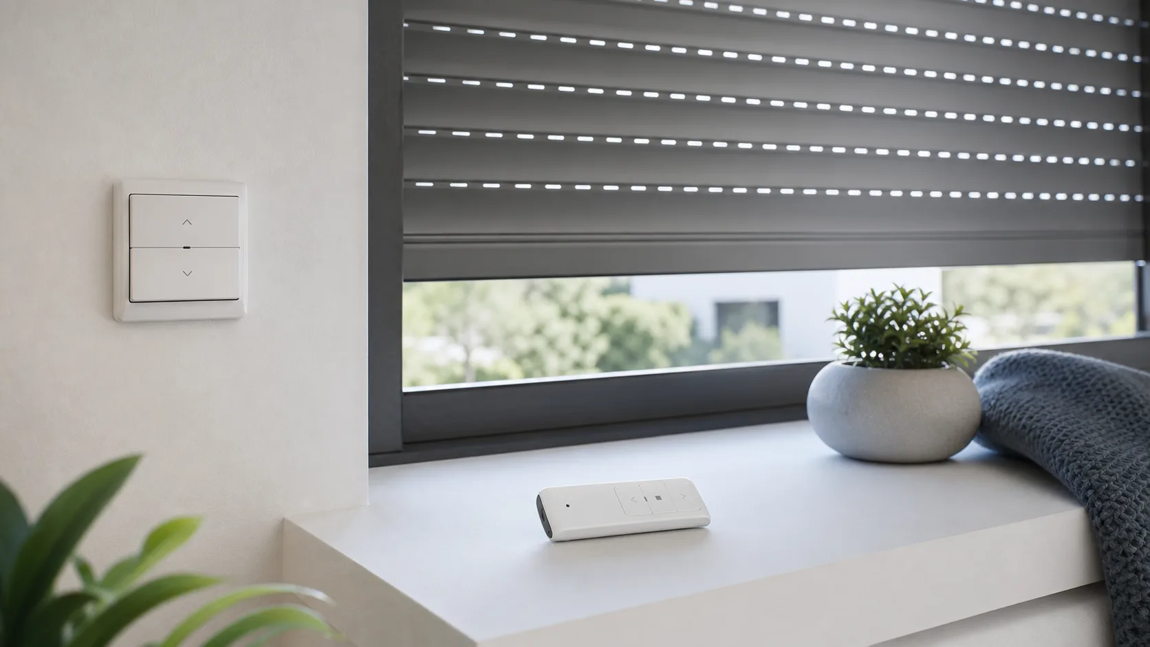 Unbeschrifteter Rolladenschalter und neutrale Fernbedienung neben einem Fenster ohne offene Elektrik