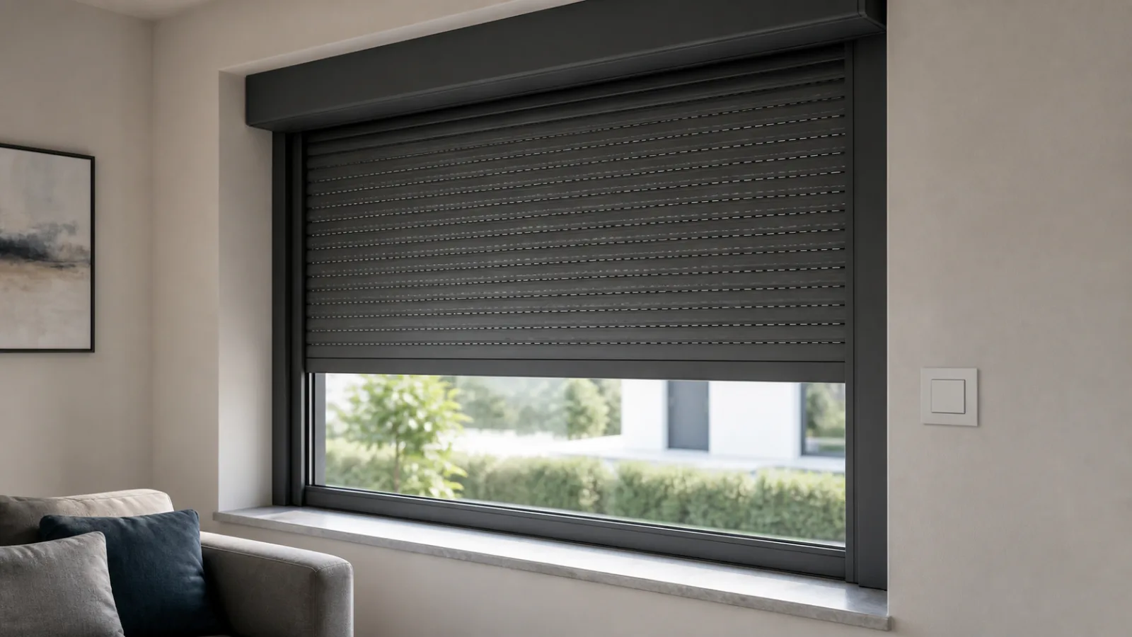 Neutraler motorisierter Rolladen stoppt oberhalb der Fensterbank neben einem geschlossenen Wandschalter