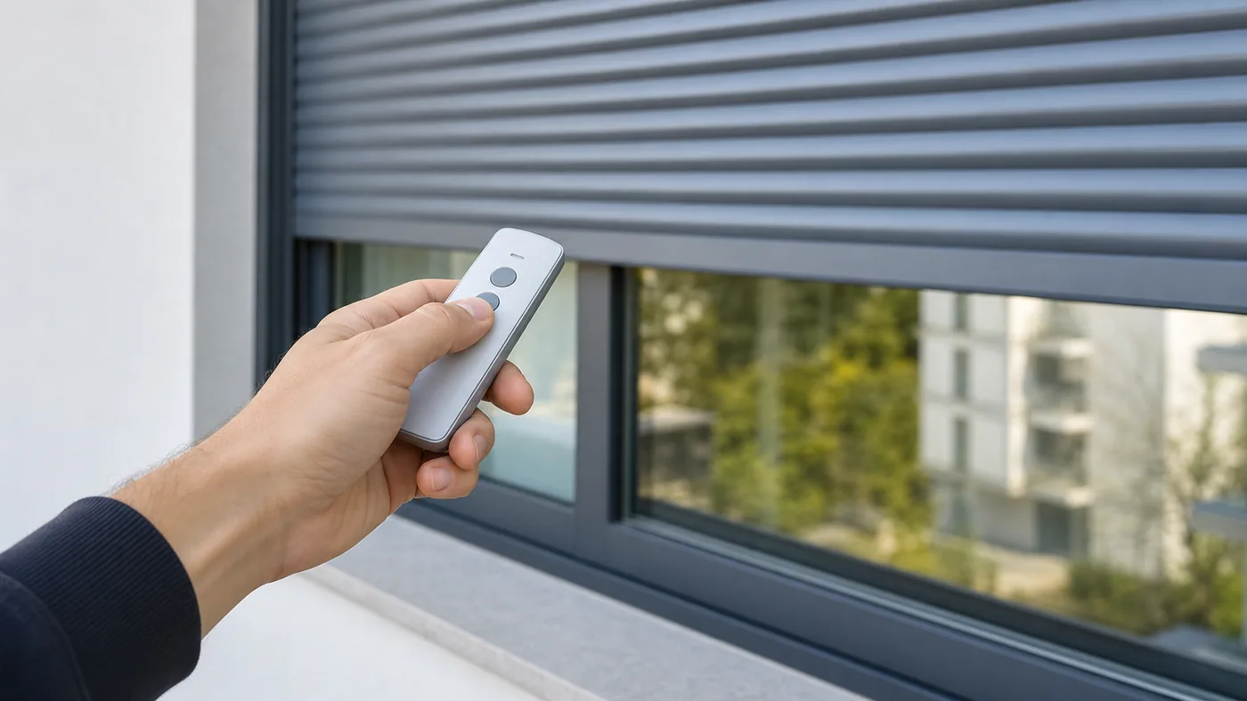 Neutrale Funkfernbedienung vor einem Fenster mit motorisiertem Rolladen – Diagnose bei Funk/Steuerung (GEIGER SOLIDline/AIR)