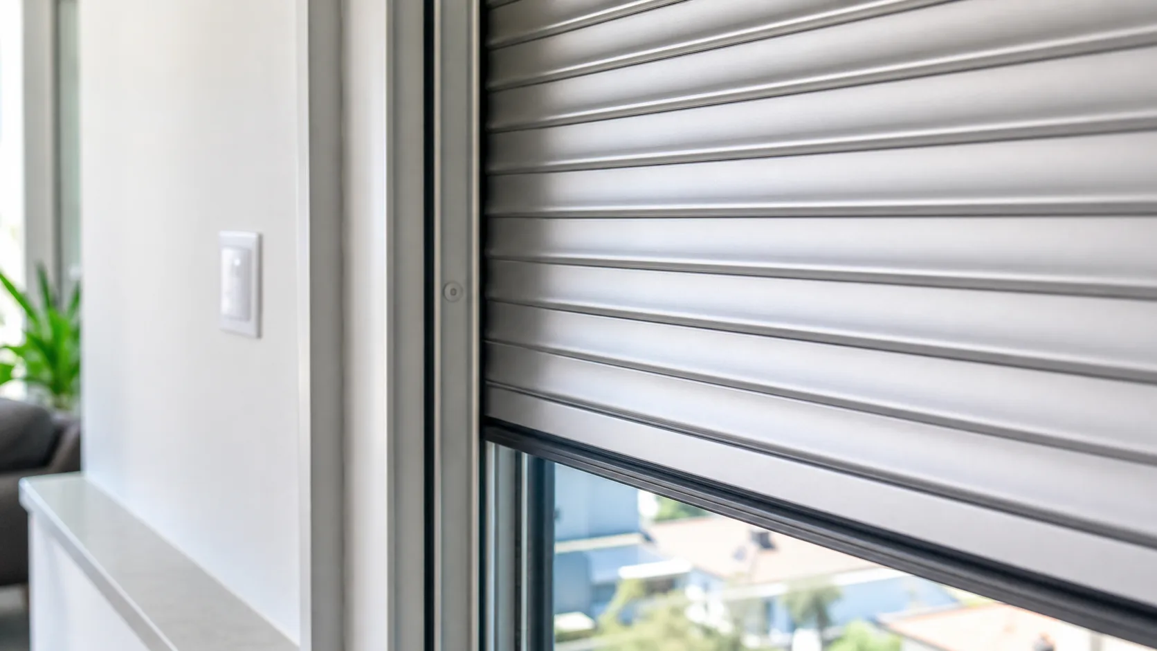 Neutraler motorisierter Rolladen an einem Fenster als Symbolbild fuer Nice Funkmotor und Fernbedienungsprobleme ohne Markenlogo