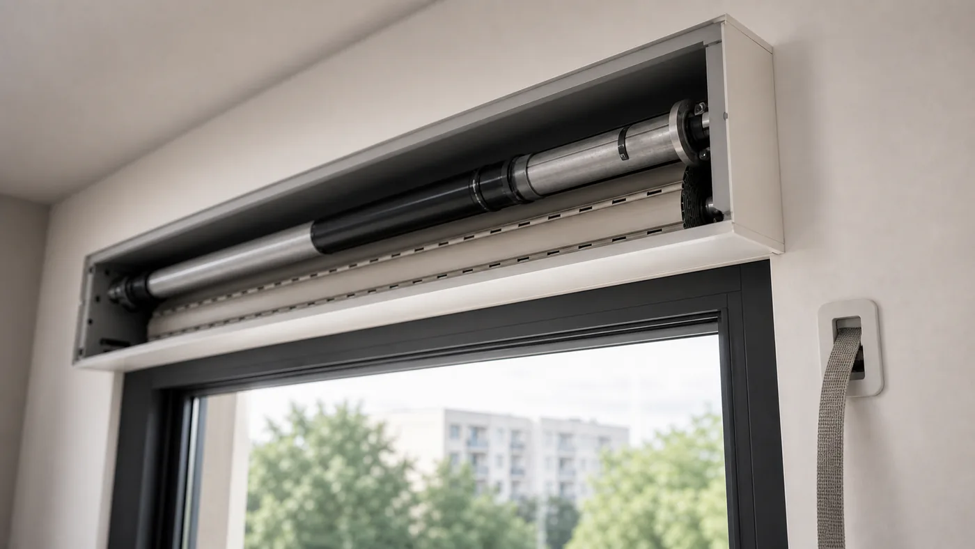 Neutraler Rolladenkasten im Innenbereich als Symbolbild fuer klemmenden Revisionsdeckel ohne offene Elektrik