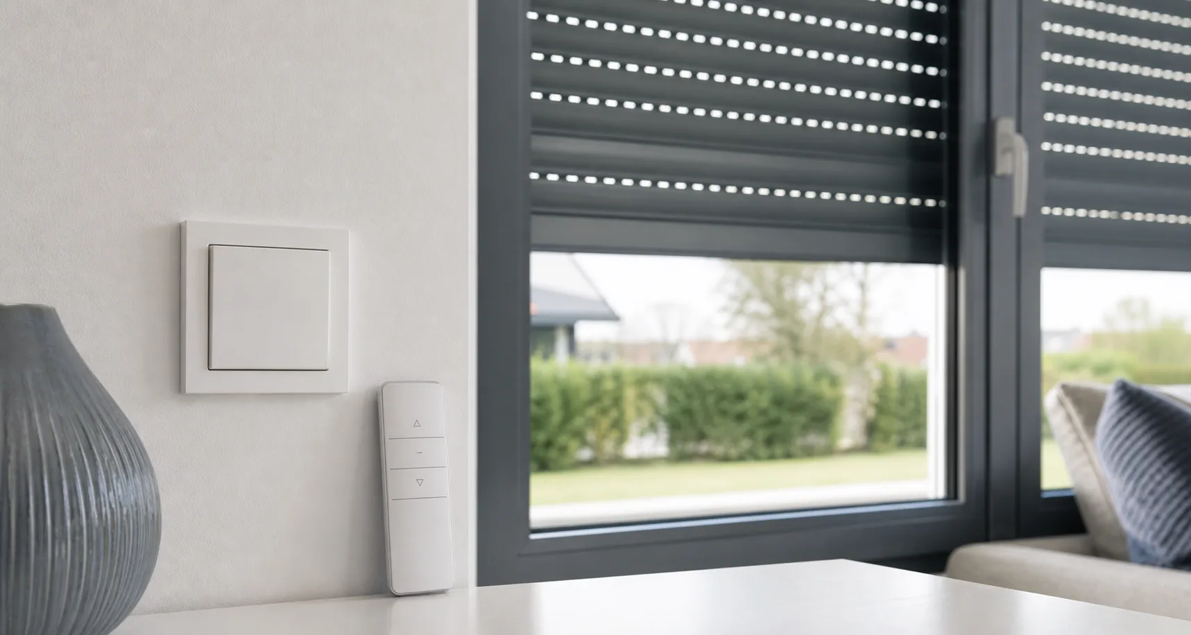 Geschlossener Rolladenschalter und neutrale Fernbedienung neben einem Fenster mit Rolladen ohne geoeffnete Elektrik