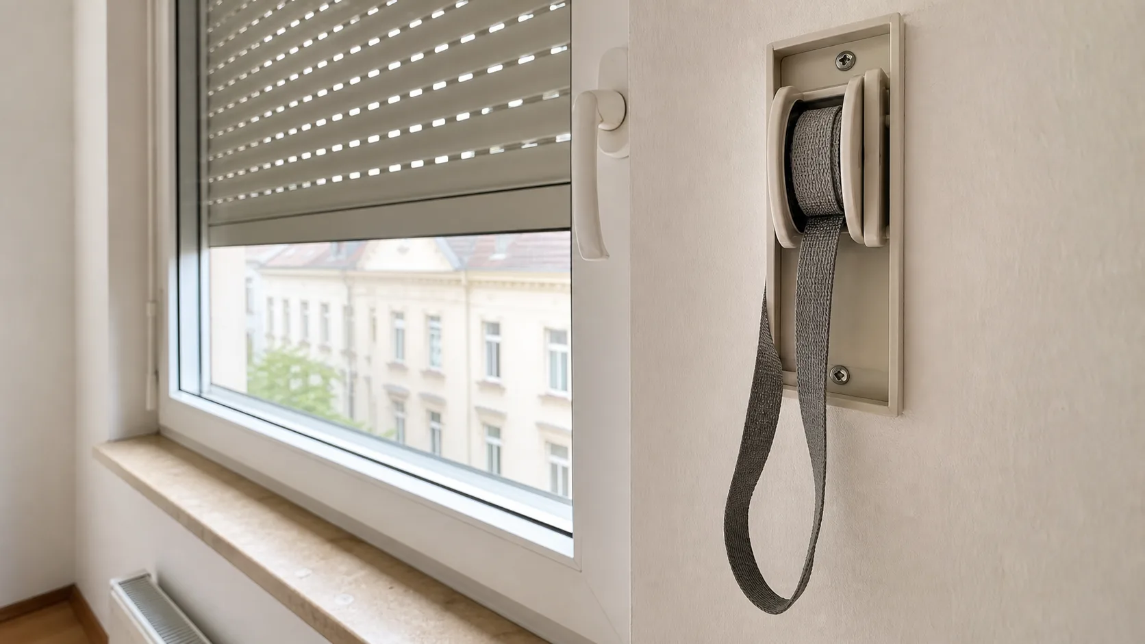 Innenliegender Rolladen-Gurtwickler mit lockerem Gurtband als neutrales Symbolbild ohne Logo