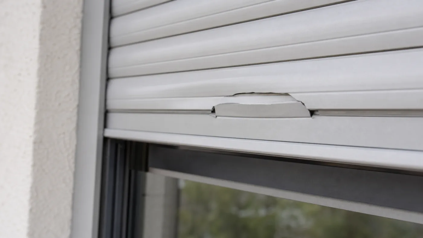 Beschädigte Rolladenlamelle im Panzer an einem Fenster