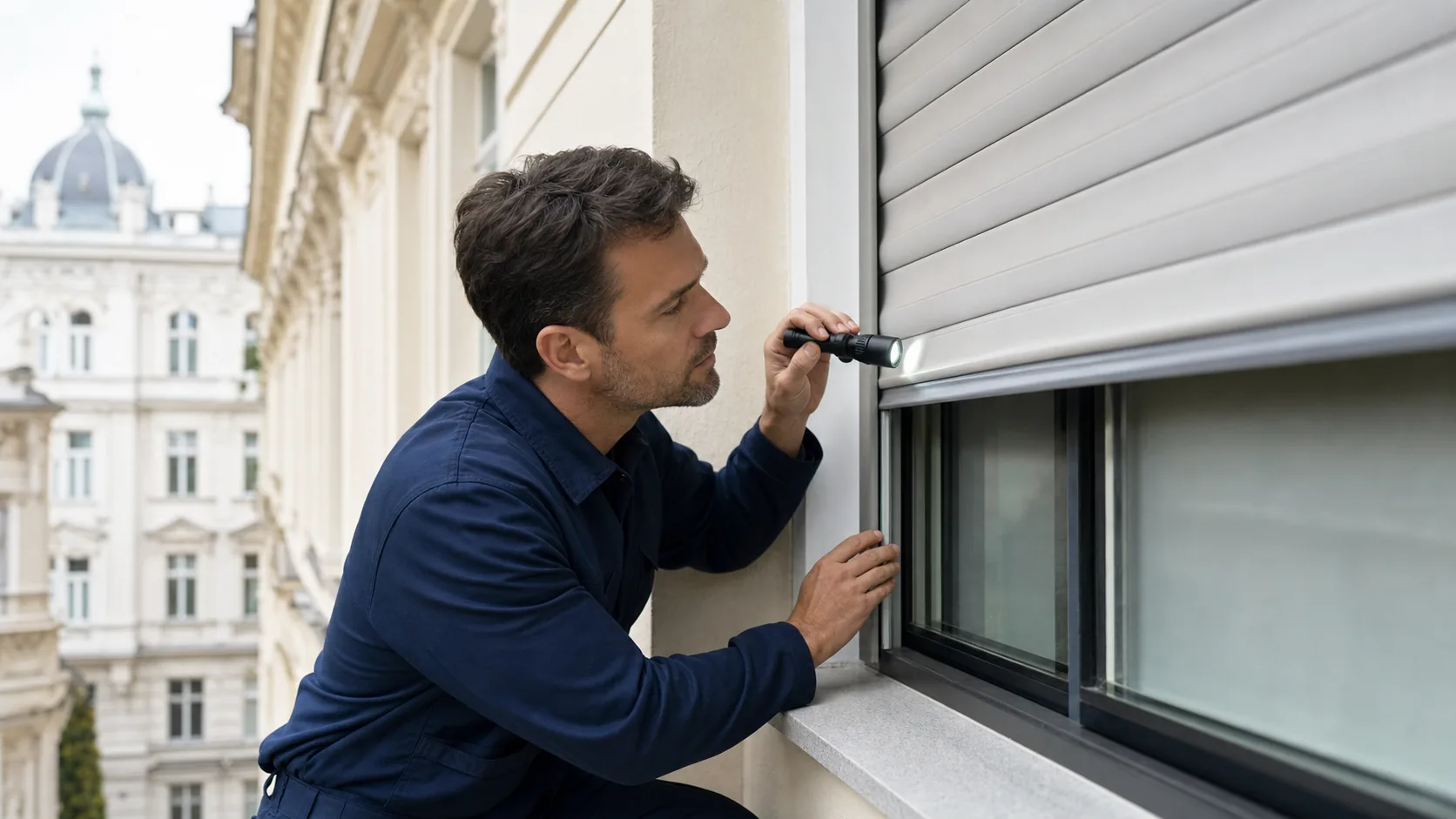 Altbaufenster in 1040 Wieden mit halb geschlossenem Rolladen und sichtbaren Fuehrungsschienen in dichter Wiener Wohnlage