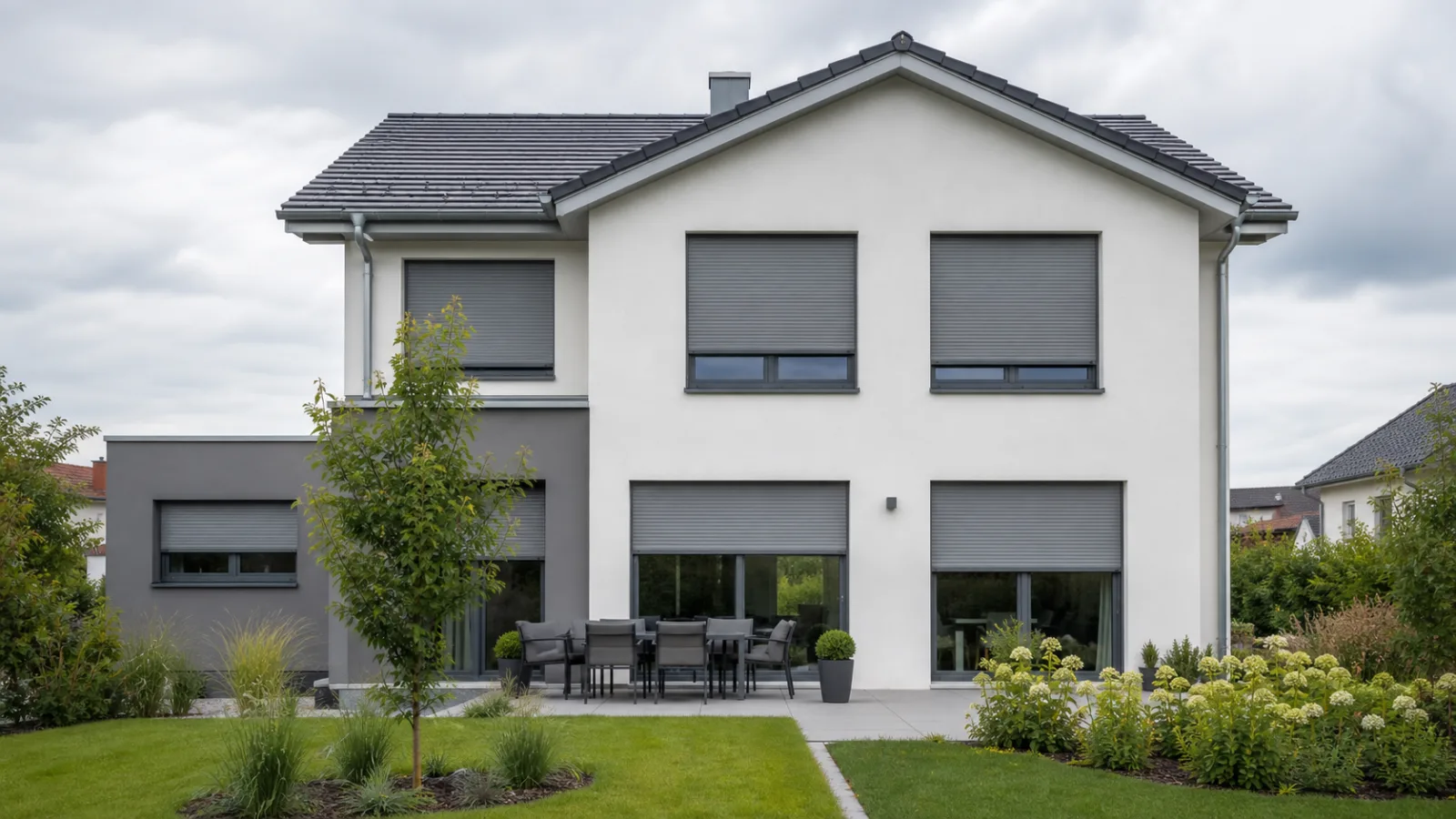 Modernes Wohnhaus mit grauen Rolläden als Symbolbild für Rolladen Reparatur in Unterrohrbach