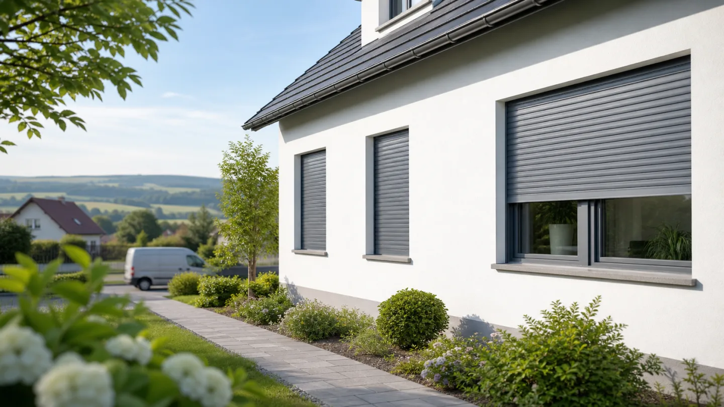 Wohnhaus in Niederösterreich mit grauen Rolläden und neutralem Servicefahrzeug