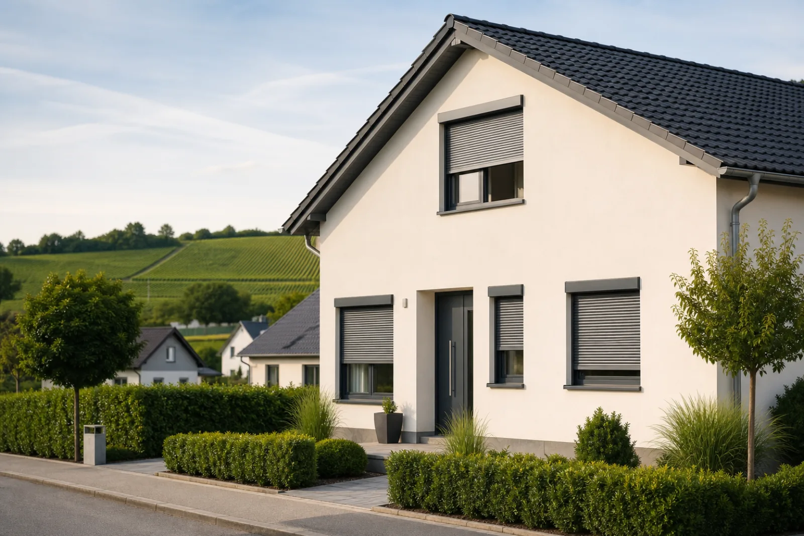 Wohnhaus mit grauen Rolläden als Symbolbild für Rolladen Reparatur in Enzersfeld im Weinviertel