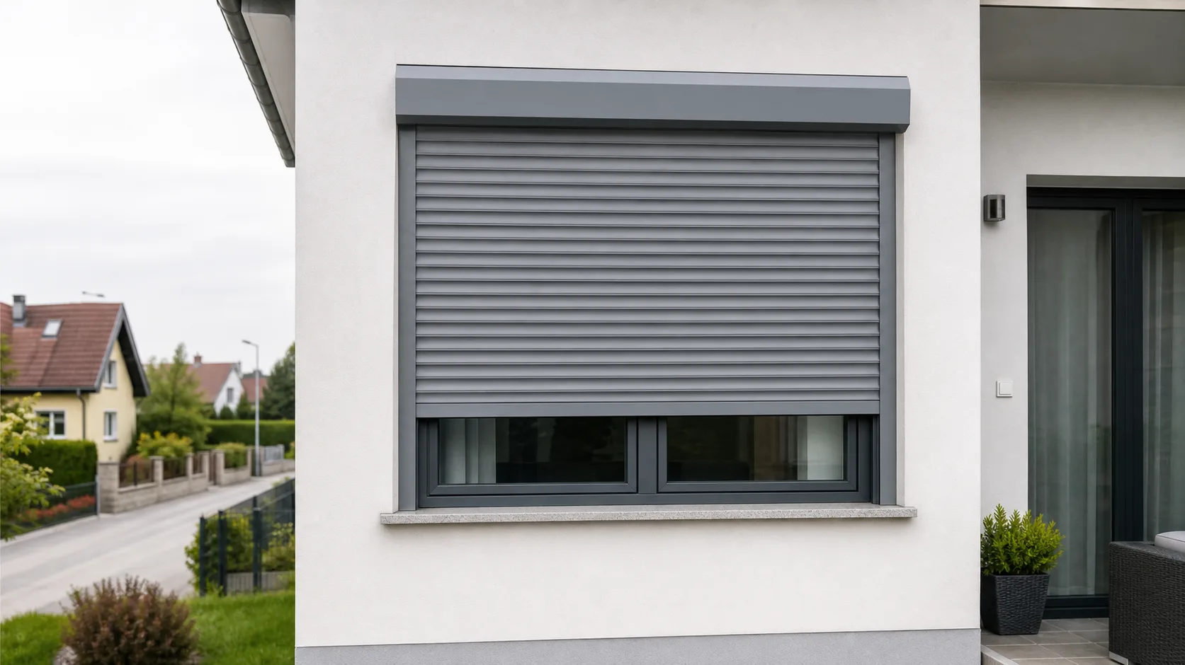 Wohnhausfenster mit grauem Rolladen und Fuehrungsschienen fuer Rolladen Reparatur in Breitenfurt bei Wien