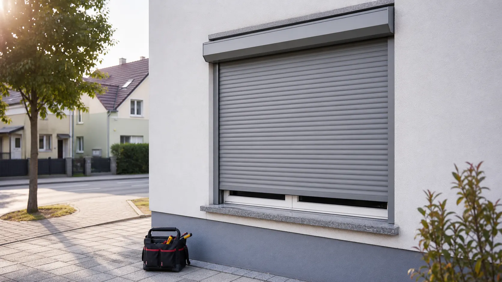 Wohnhausfenster mit grauem Rolladen als Symbolbild fuer Rolladen Reparatur in Hainburg an der Donau