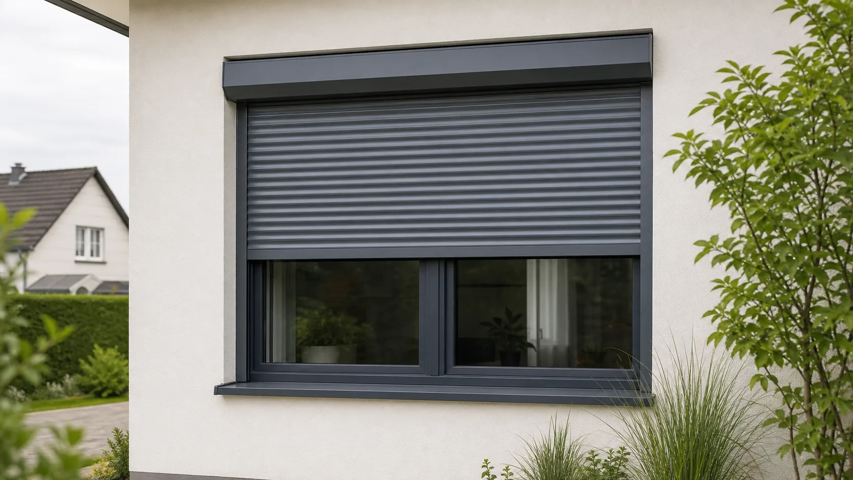 Wohnhausfenster mit grauem Rolladen als Symbolbild fuer Rolladen Reparatur in Gramatneusiedl
