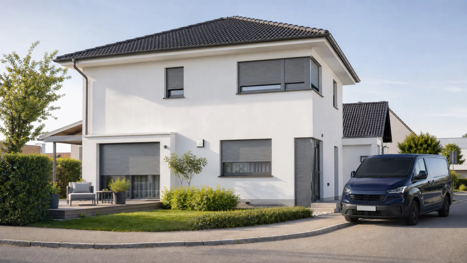 Wohnhaus mit grauen Rolläden und neutralem Servicefahrzeug als Symbolbild für Münchendorf