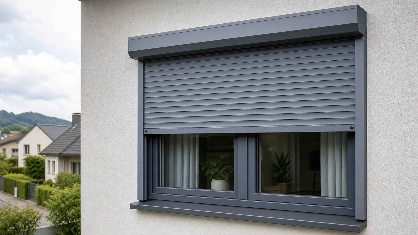 Wohnfenster mit grauem Rolladen als neutrales Symbolbild fuer Rolladen Reparatur in Sollenau