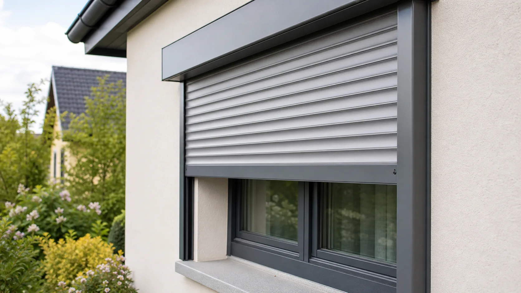 Fenster mit grauem Rolladen und Fuehrungsschiene fuer Rolladen Reparatur in Lanzenkirchen