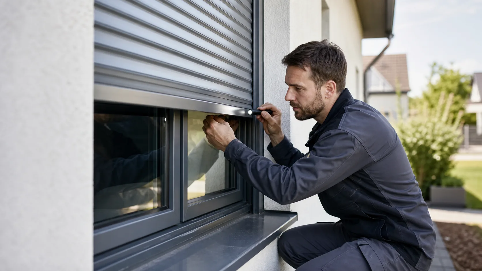 Rolladen Reparatur in 3430 Tulln: Techniker kontrolliert Gurtanlage und Rolladenlauf an einem Fenster in Niederösterreich