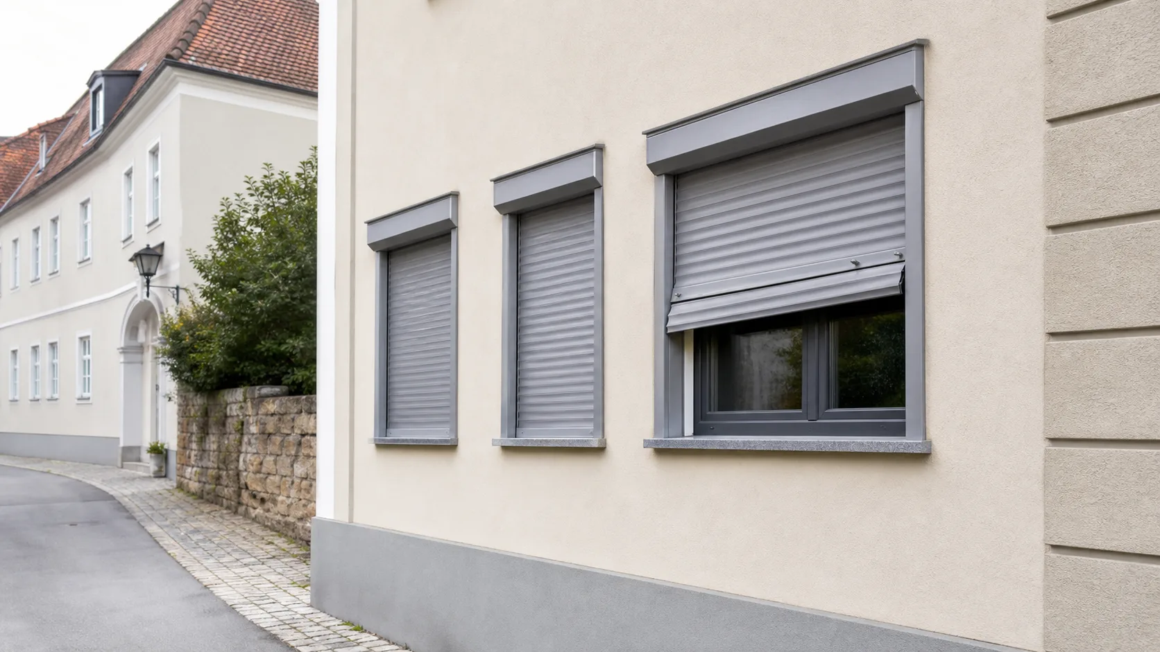 Wohnhausfassade in Krems an der Donau mit mehreren Rollaeden als neutrales Symbolbild fuer Reparatur ohne Logos