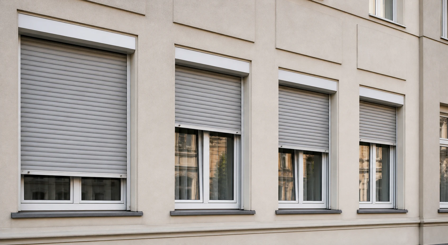 Wohngebaeudefassade mit mehreren Rollaeden in unterschiedlichen Positionen, geeignet als neutrales Bild fuer Hausverwaltung und Mehrparteienhaus ohne Logos