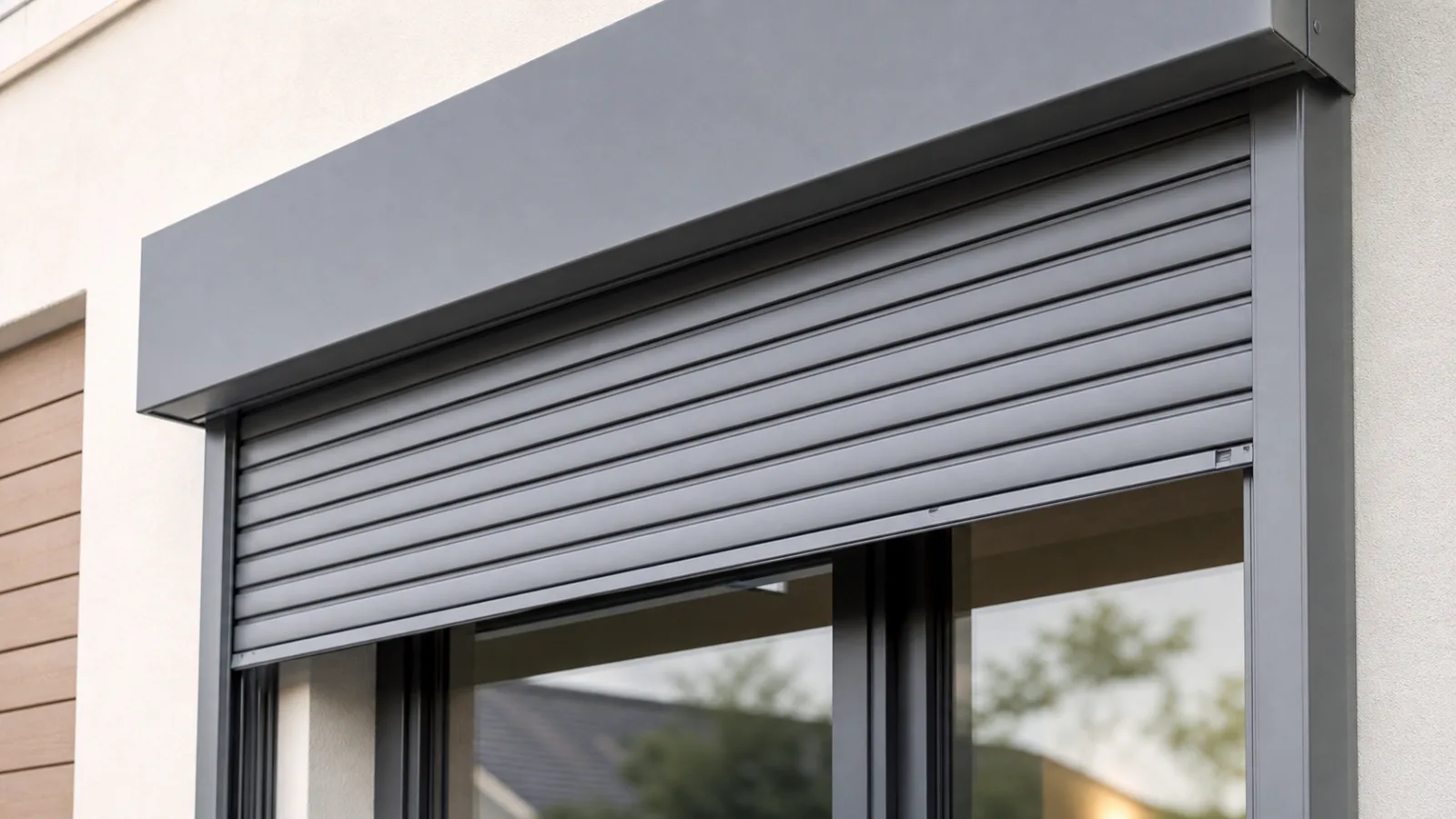 Neutraler grauer Aufsatzrollladen mit leicht ungleichmäßiger Endschiene an einem modernen Fenster