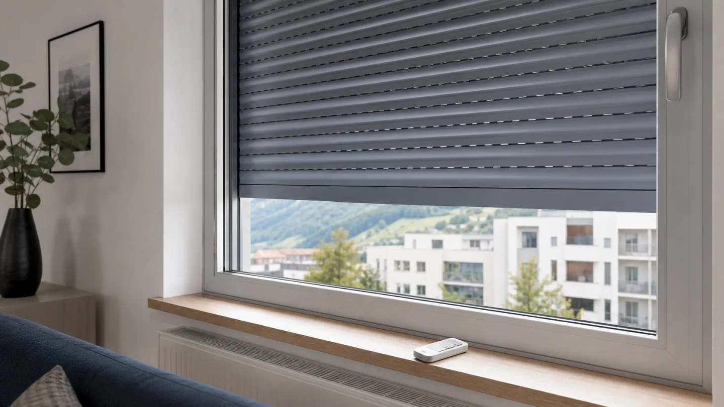 Grauer Rolladen mit neutraler Funkfernbedienung auf einer Fensterbank
