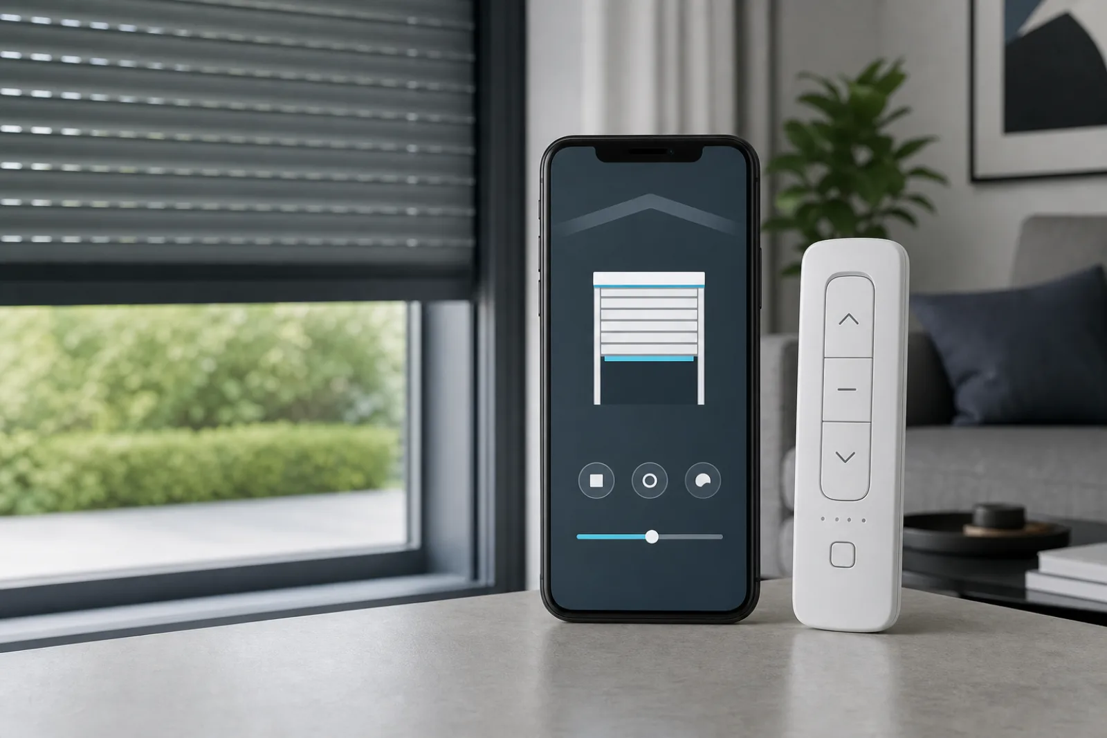 Unbeschriftetes Smartphone und neutraler Funksender vor einem grauen Rolladen