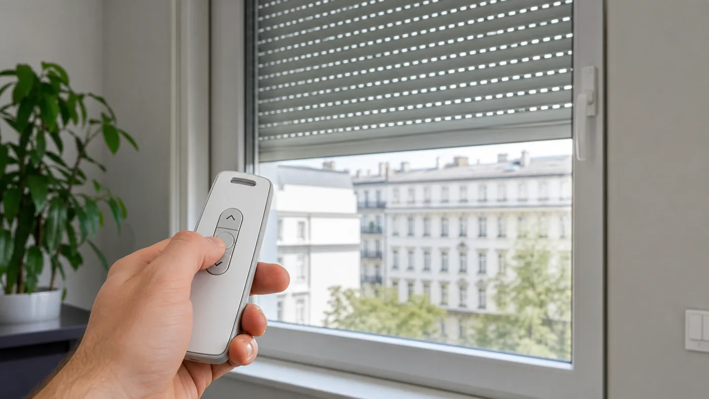 Neutrale Funkbedienung vor einem motorisierten Rolladen am Fenster – Fehlerbild bei Somfy TaHoma, Situo oder Smoove
