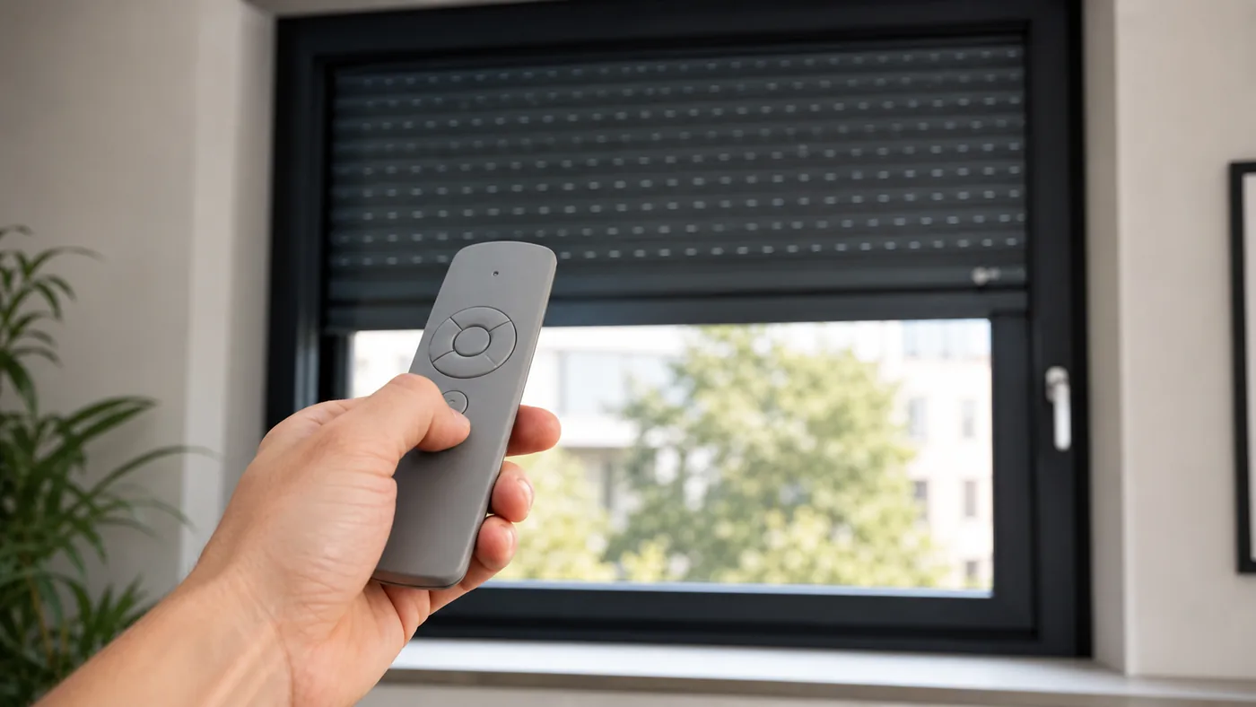 Neutrale Funk-Fernbedienung vor einem Fenster mit Rolladen – Diagnose bei WMS/EWFS Funksteuerung