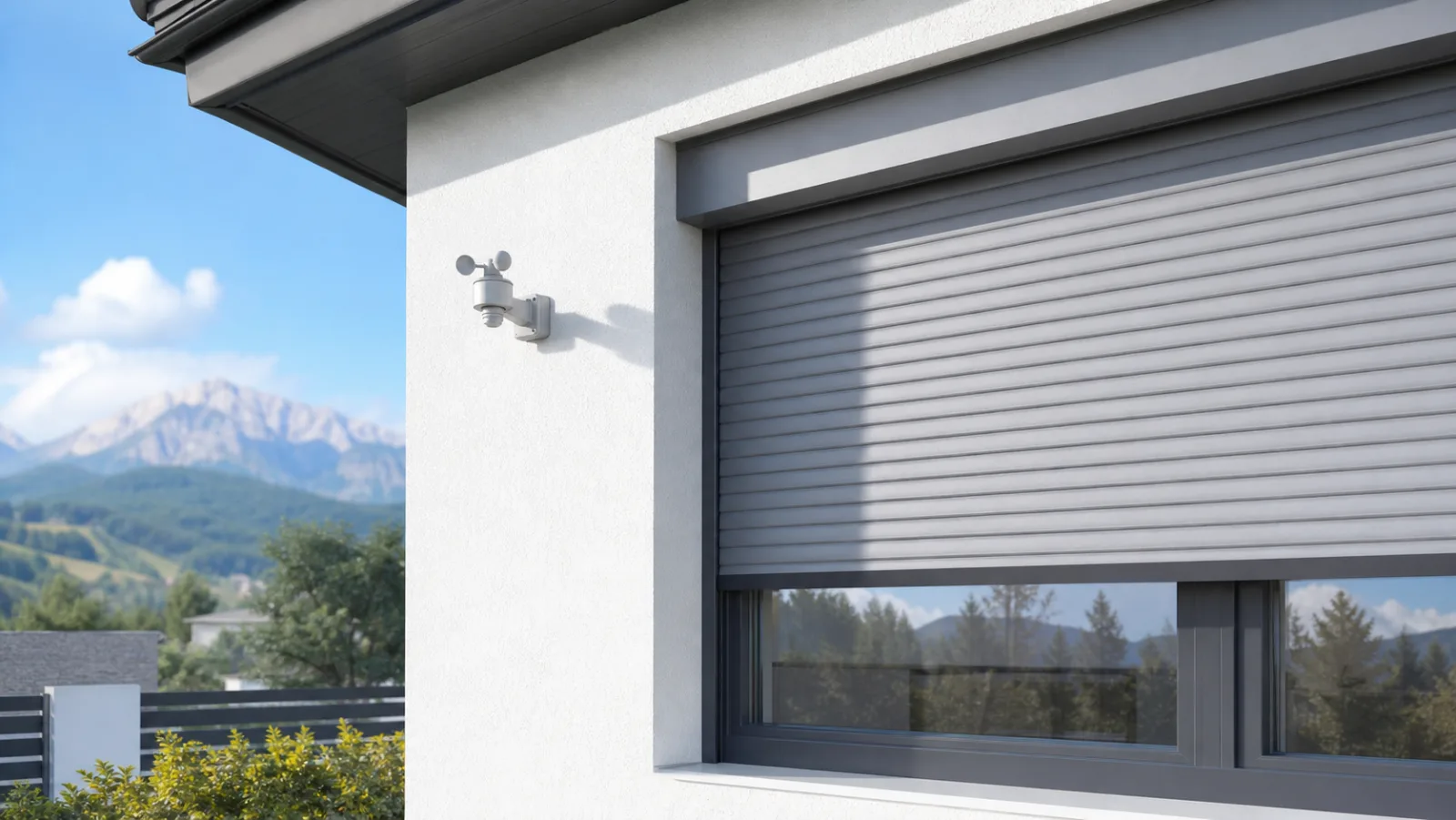 Neutraler Rolladen an einer hellen Fassade mit geschlossen montiertem Wind- und Sonnensensor